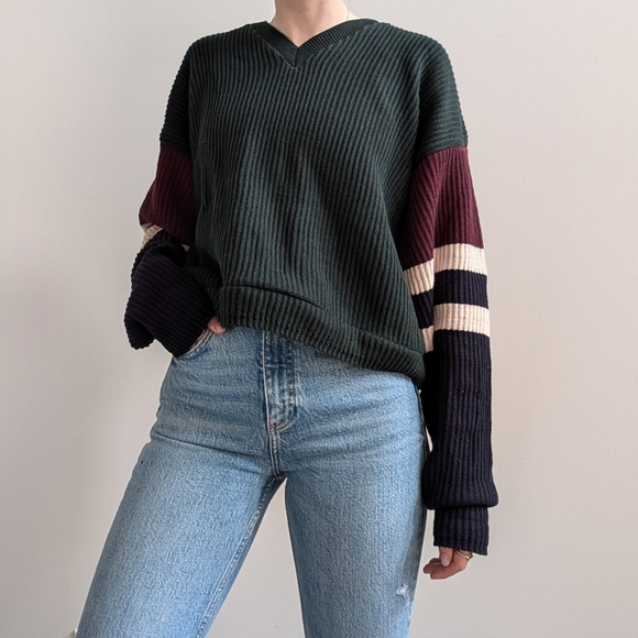 Vintage Colour Block Ribbed V-Neck Sweater - Picture 5 of 8